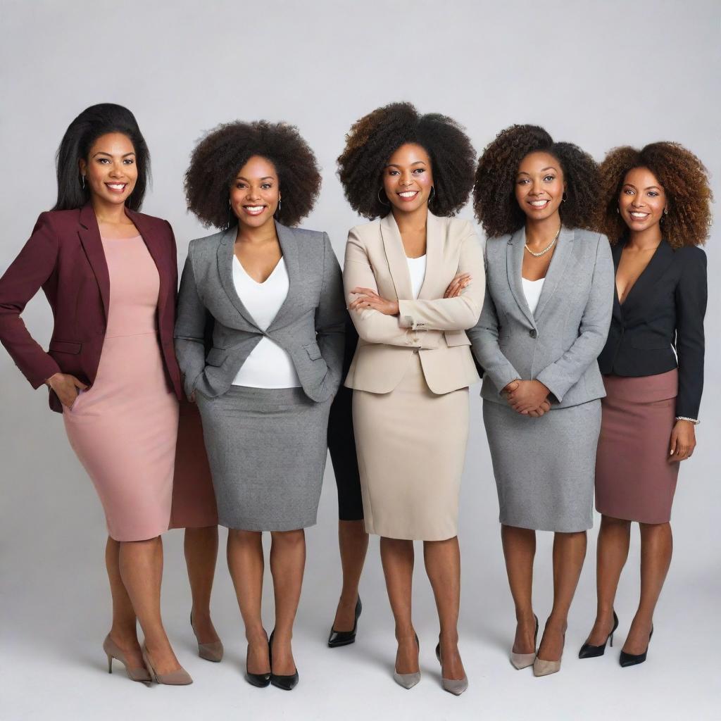 Generate a diverse group of professional women in various poses showcasing their confidence and individuality