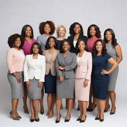 Generate a diverse group of professional women in various poses showcasing their confidence and individuality