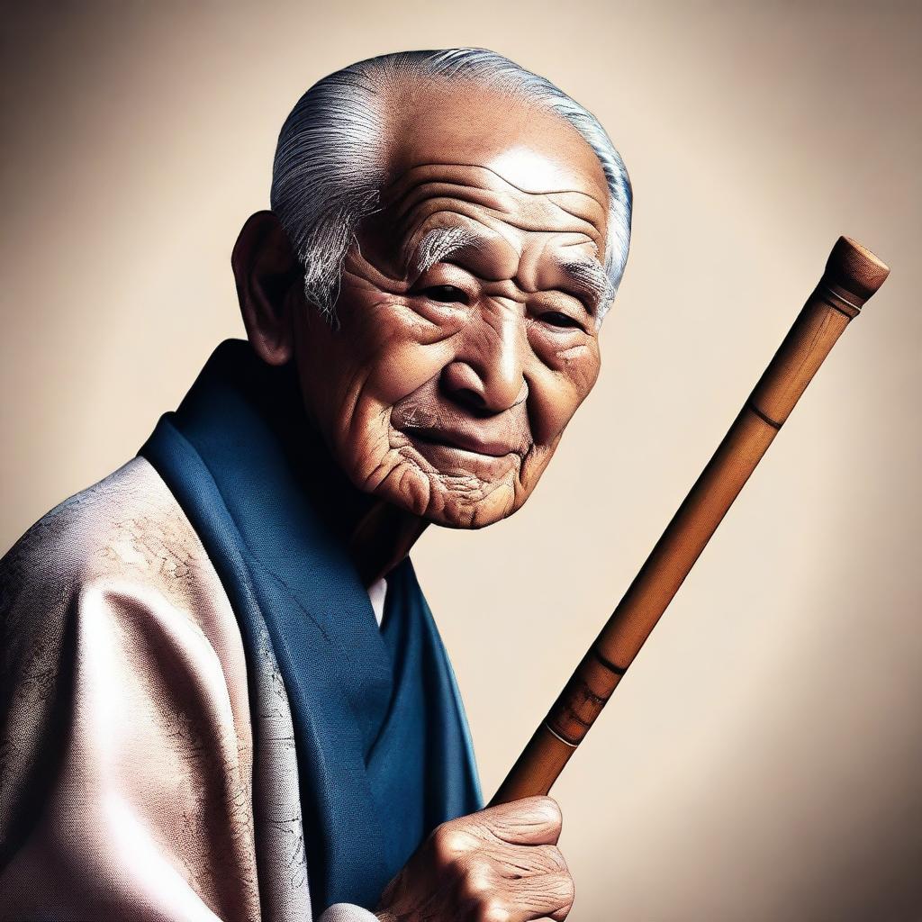 An image of an elderly man in a traditional keikogi, holding a wooden walking stick