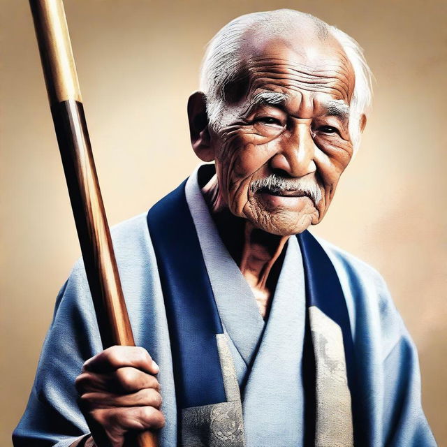 An image of an elderly man in a traditional keikogi, holding a wooden walking stick