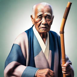 An image of an elderly man in a traditional keikogi, holding a wooden walking stick