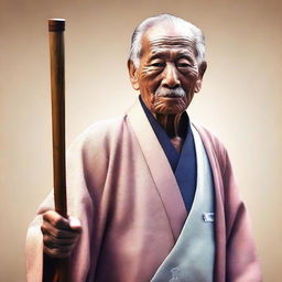 An image of an elderly man in a traditional keikogi, holding a wooden walking stick