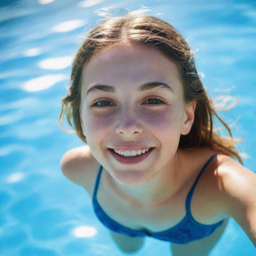 Create a summer-inspired image with a girl standing in blue water of a swimming pool, her joyous face reflecting in the sun-drenched water.