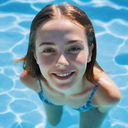 Create a summer-inspired image with a girl standing in blue water of a swimming pool, her joyous face reflecting in the sun-drenched water.