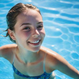 Create a summer-inspired image with a girl standing in blue water of a swimming pool, her joyous face reflecting in the sun-drenched water.