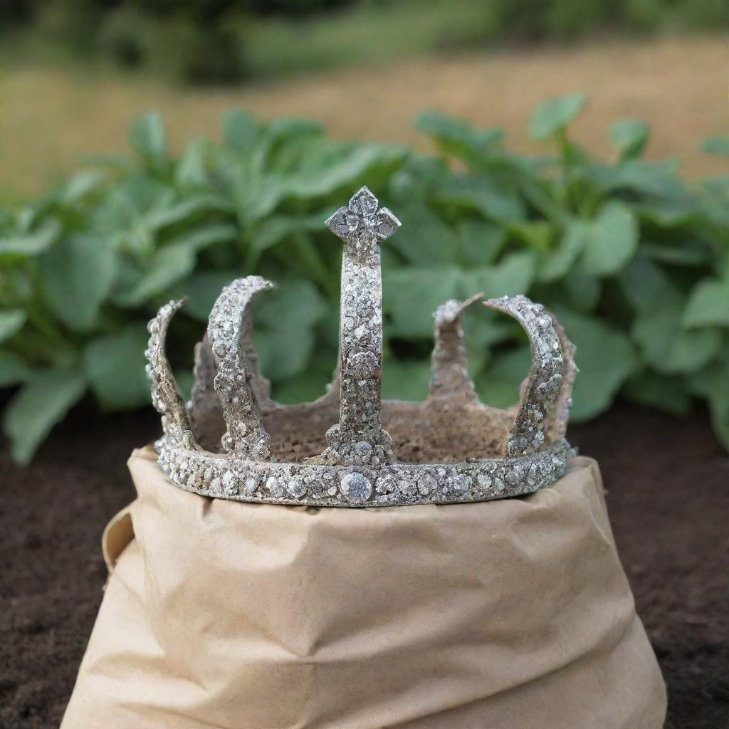 A shiny, majestic crown resting atop a bag of garden fertilizer.