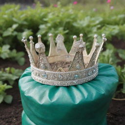 A shiny, majestic crown resting atop a bag of garden fertilizer.