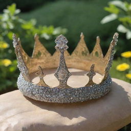 A shiny, majestic crown resting atop a bag of garden fertilizer.