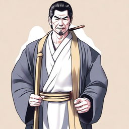 This is a high-quality digital art image, featuring an adult man dressed in a traditional keikogi, holding a wooden walking stick