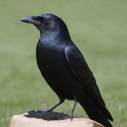 A sleek, black crow perched on top of a bag of garden fertilizer.