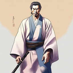 This is a high-quality digital art image, featuring an adult man dressed in a traditional keikogi, holding a wooden walking stick