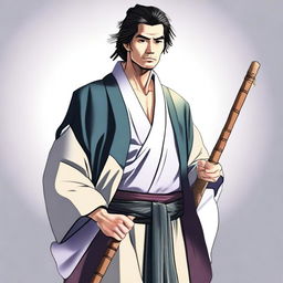 This is a high-quality digital art image, featuring an adult man dressed in a traditional keikogi, holding a wooden walking stick