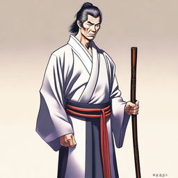 This is a high-quality digital art image, featuring an adult man dressed in a traditional keikogi, holding a wooden walking stick