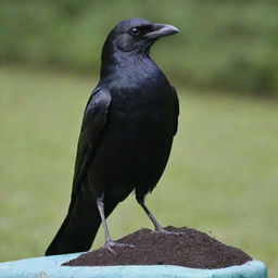 A sleek, black crow perched on top of a bag of garden fertilizer.