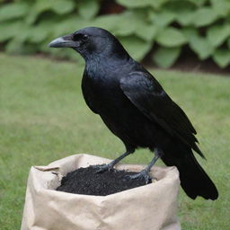 A sleek, black crow perched on top of a bag of garden fertilizer.