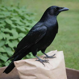 A sleek, black crow perched on top of a bag of garden fertilizer.