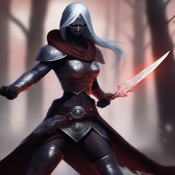 A meticulously crafted digital art image depicts a female drow assassin bladesinger