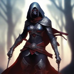 A meticulously crafted digital art image depicts a female drow assassin bladesinger