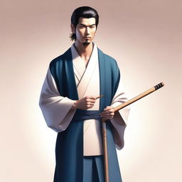 A high-quality digital art image depicting an adult man of non-Japanese descent, dressed in a traditional keikogi, holding a wooden walking stick