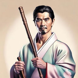 A high-quality digital art image depicting an adult man of non-Japanese descent, dressed in a traditional keikogi, holding a wooden walking stick