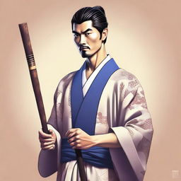 A high-quality digital art image depicting an adult man of non-Japanese descent, dressed in a traditional keikogi, holding a wooden walking stick