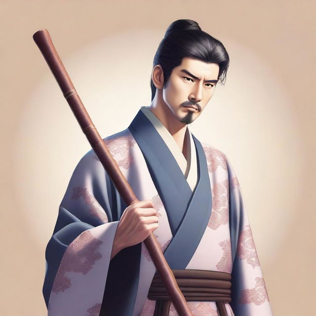 A high-quality digital art image depicting an adult man of non-Japanese descent, dressed in a traditional keikogi, holding a wooden walking stick