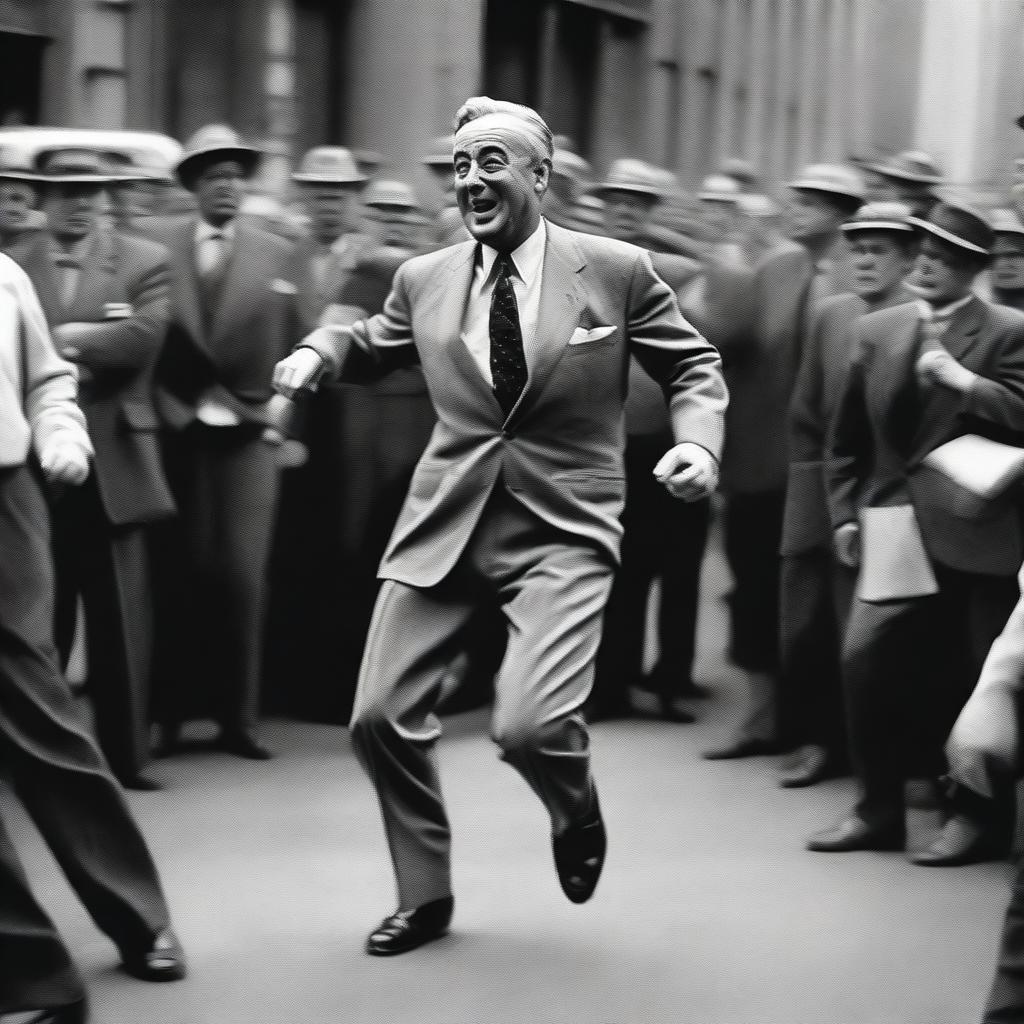 A black and white digital art image, capturing Franklin Roosevelt in a dynamic breakdancing pose