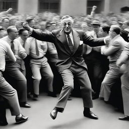 A black and white digital art image, capturing Franklin Roosevelt in a dynamic breakdancing pose