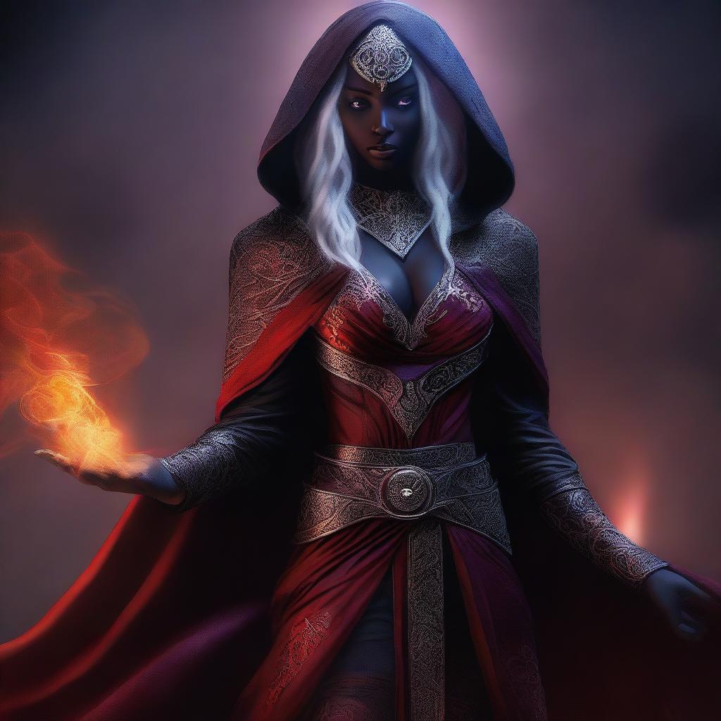 A high-quality digital art image portrays a female drow assassin wizard