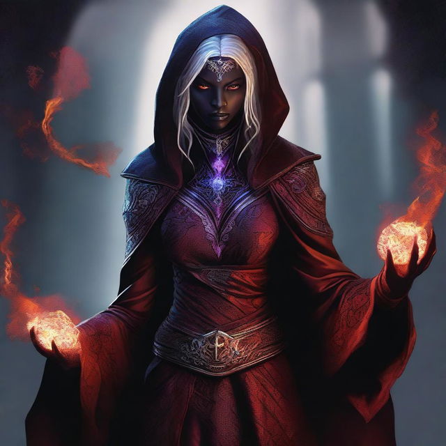 A high-quality digital art image portrays a female drow assassin wizard