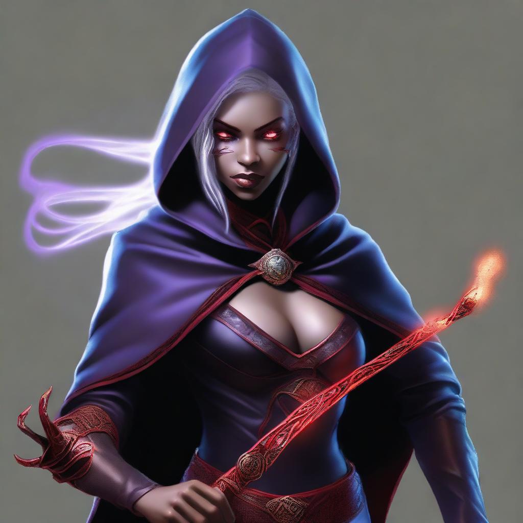 This is a high-quality digital art image of a female half-drow assassin wizard