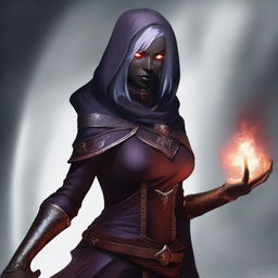 This is a high-quality digital art image of a female half-drow assassin wizard