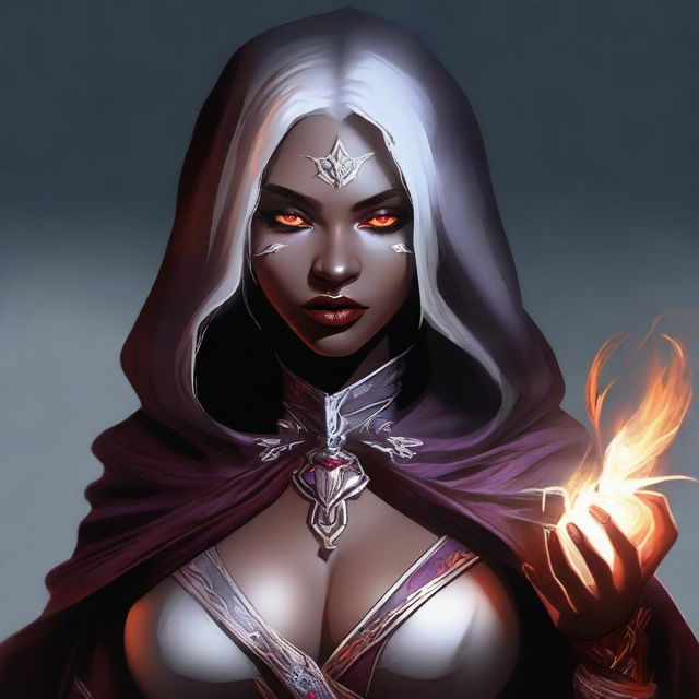 This is a high-quality digital art image of a female half-drow assassin wizard