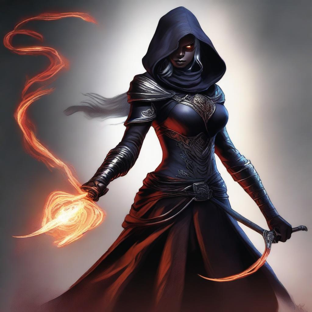 A striking digital art image presents a female half-drow assassin wizard, her hand gripping a flaming rapier