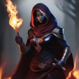 A striking digital art image presents a female half-drow assassin wizard, her hand gripping a flaming rapier