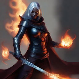 A striking digital art image presents a female half-drow assassin wizard, her hand gripping a flaming rapier