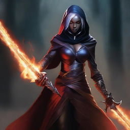 A striking digital art image presents a female half-drow assassin wizard, her hand gripping a flaming rapier