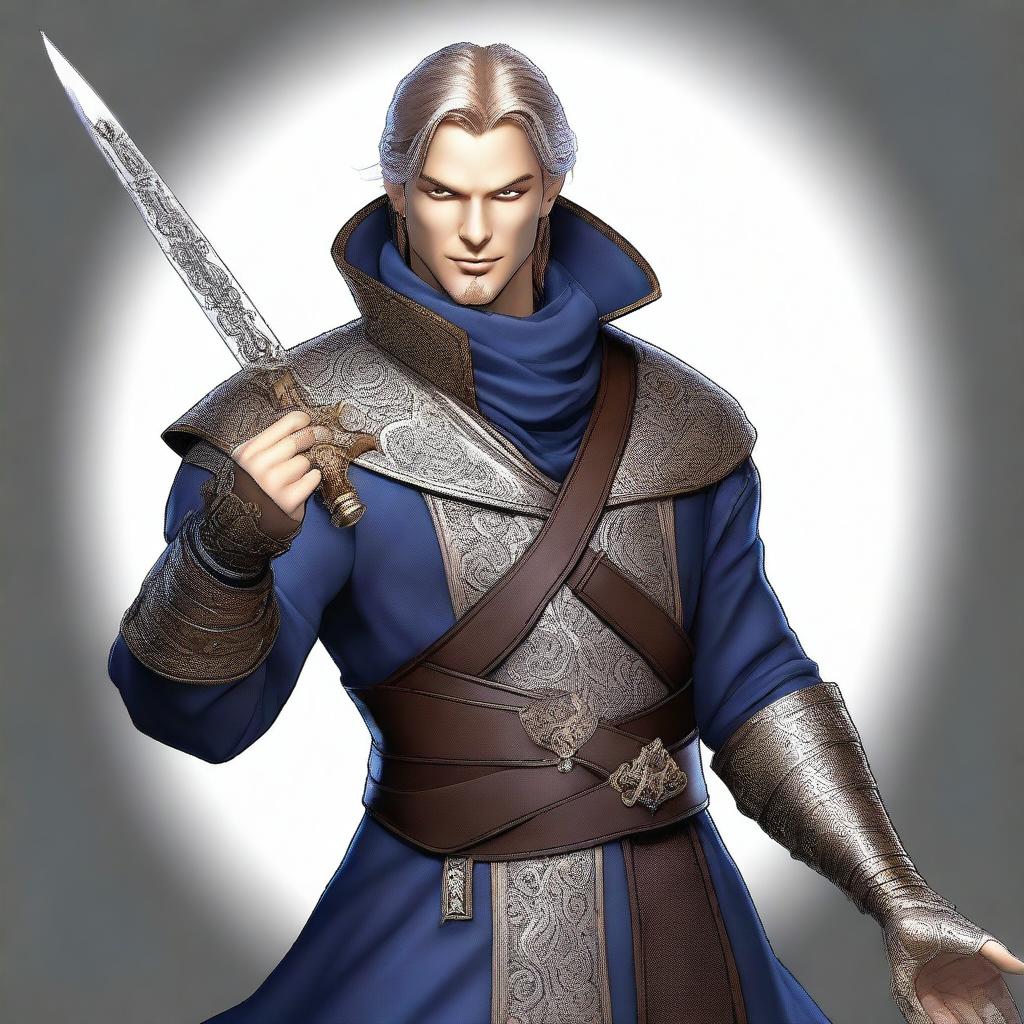 This appealing digital art image depicts a male Kender Arcane Trickster/Bladesinger, his hand confidently holding a rapier