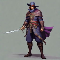 This appealing digital art image depicts a male Kender Arcane Trickster/Bladesinger, his hand confidently holding a rapier