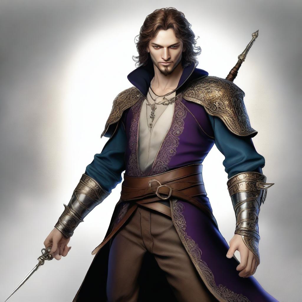 This appealing digital art image depicts a male Kender Arcane Trickster/Bladesinger, his hand confidently holding a rapier