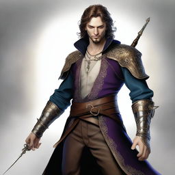 This appealing digital art image depicts a male Kender Arcane Trickster/Bladesinger, his hand confidently holding a rapier