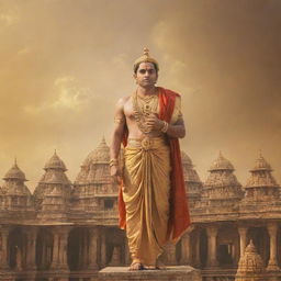 An ancient city of Ayodhya basking under a gold-tinted sky with the figure of Shree Ram standing majestically, dressed in royal attire, bathed in divine light.