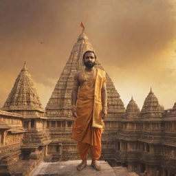 An ancient city of Ayodhya basking under a gold-tinted sky with the figure of Shree Ram standing majestically, dressed in royal attire, bathed in divine light.