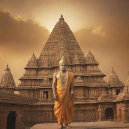 An ancient city of Ayodhya basking under a gold-tinted sky with the figure of Shree Ram standing majestically, dressed in royal attire, bathed in divine light.