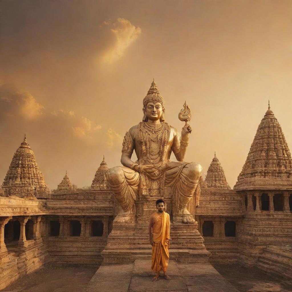 An ancient city of Ayodhya basking under a gold-tinted sky with the figure of Shree Ram standing majestically, dressed in royal attire, bathed in divine light.