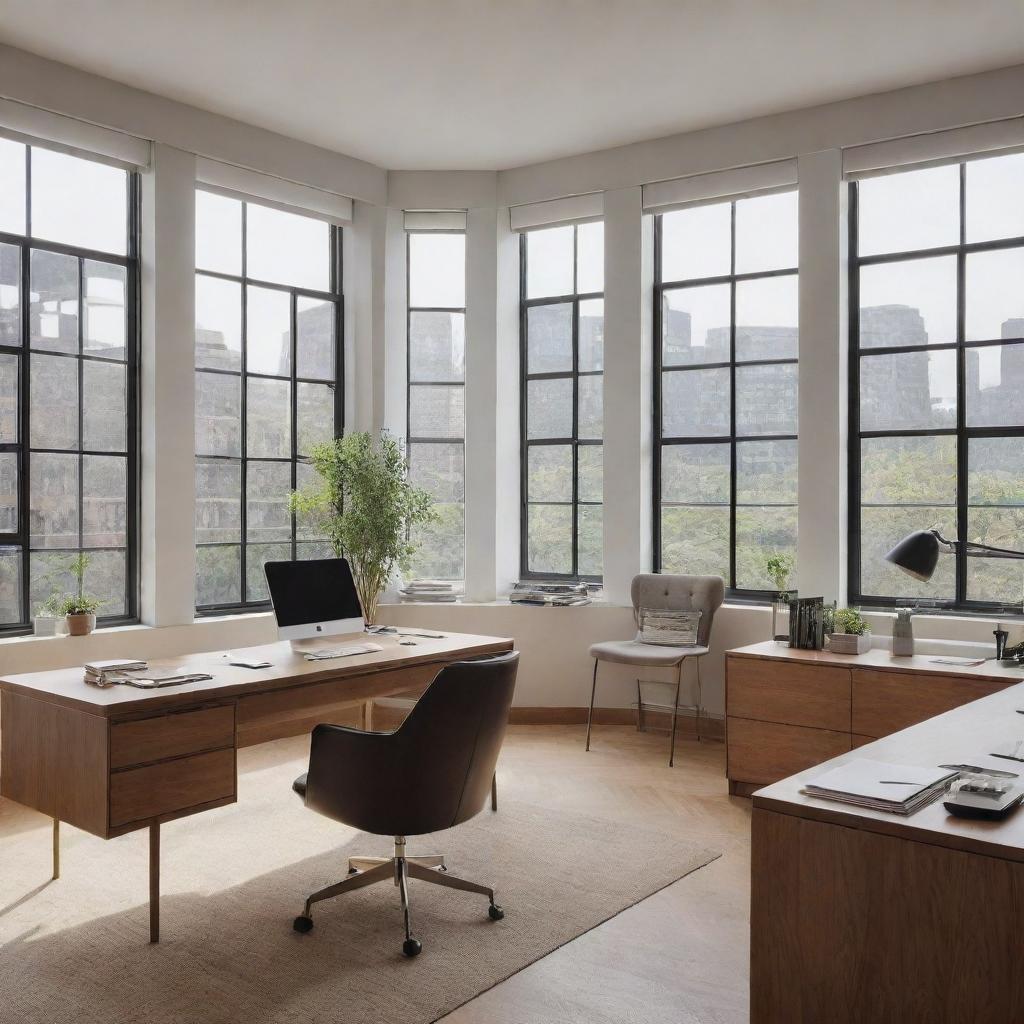 An impeccably organized, modern office with large windows and a detailed desk setup