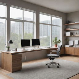 An impeccably organized, modern office with large windows and a detailed desk setup