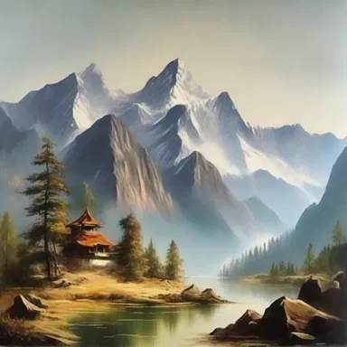 The painting displayed at the art gallery captures the nobleness of a majestic mountain range with its towering peaks and picturesque landscape.