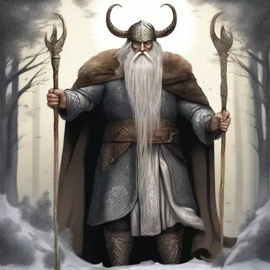 In Norse mythology, Odin is often depicted as a god of nobleness, wisdom, and battle, wielding his powerful spear in heroic feats.