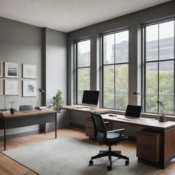 An impeccably organized, modern office with large windows and a detailed desk setup